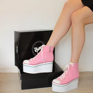 Pink Lace up Wedge Heel Platform Sport Shoes