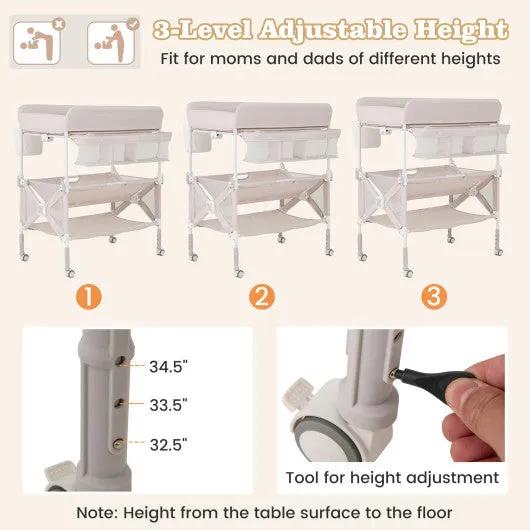 Portable Baby Changing Table with Wheels and Large Storage Rack-Gray