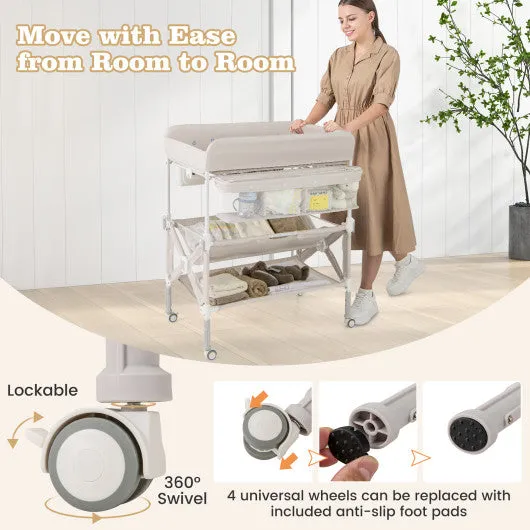 Portable Baby Changing Table with Wheels and Large Storage Rack-Gray