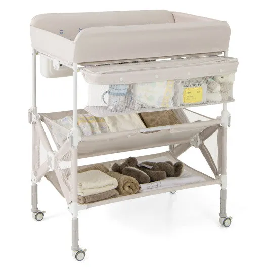 Portable Baby Changing Table with Wheels and Large Storage Rack-Gray