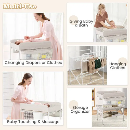 Portable Baby Changing Table with Wheels and Large Storage Rack-Gray