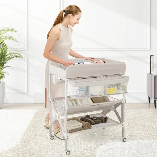 Portable Baby Changing Table with Wheels and Large Storage Rack-Gray