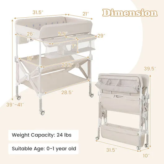 Portable Baby Changing Table with Wheels and Large Storage Rack-Gray