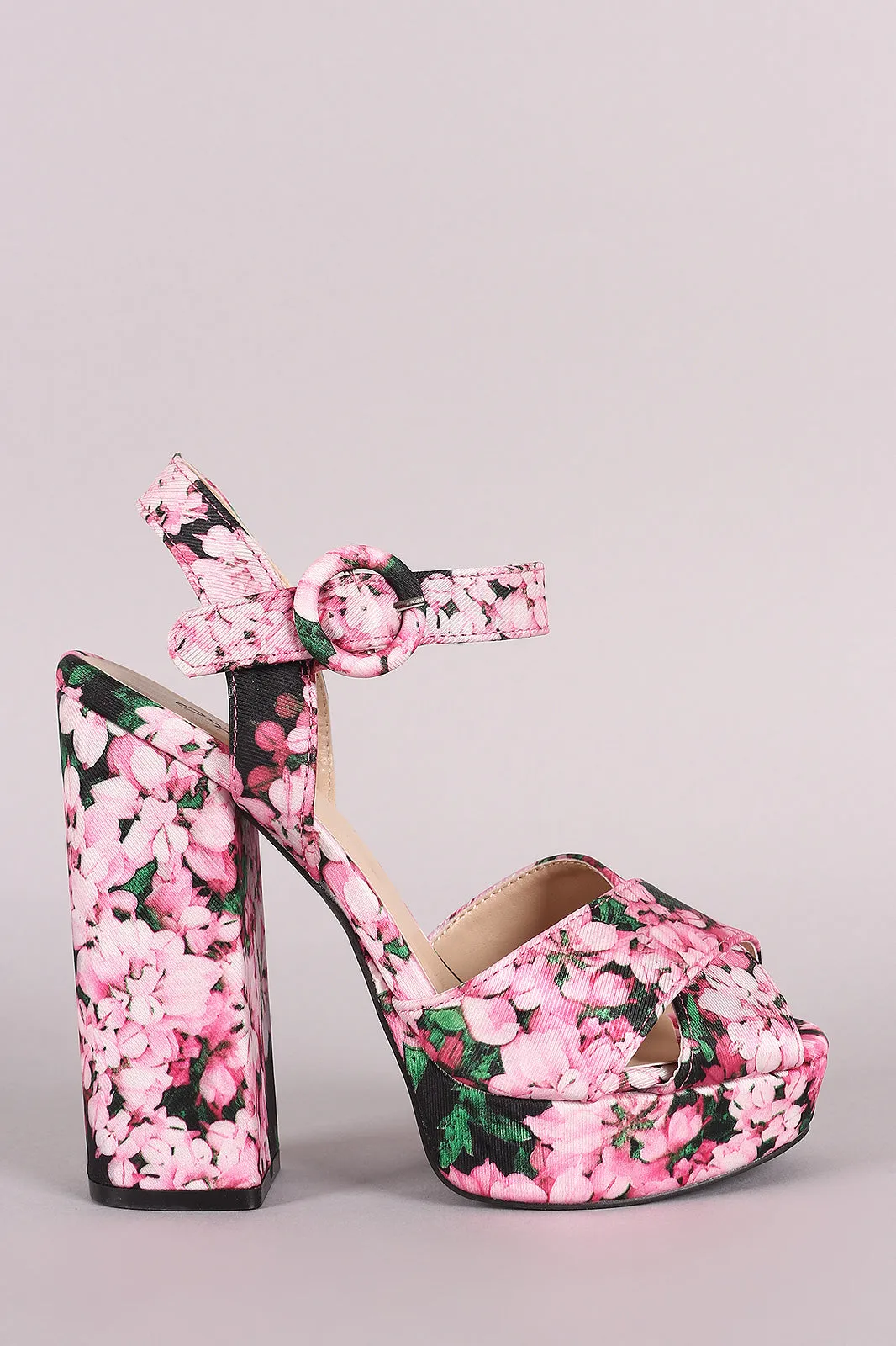 Qupid Floral Print Crisscross Chunky Platform Heel