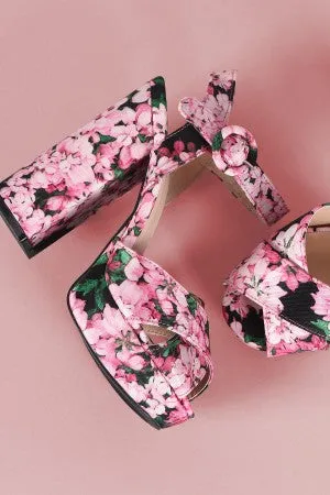 Qupid Floral Print Crisscross Chunky Platform Heel