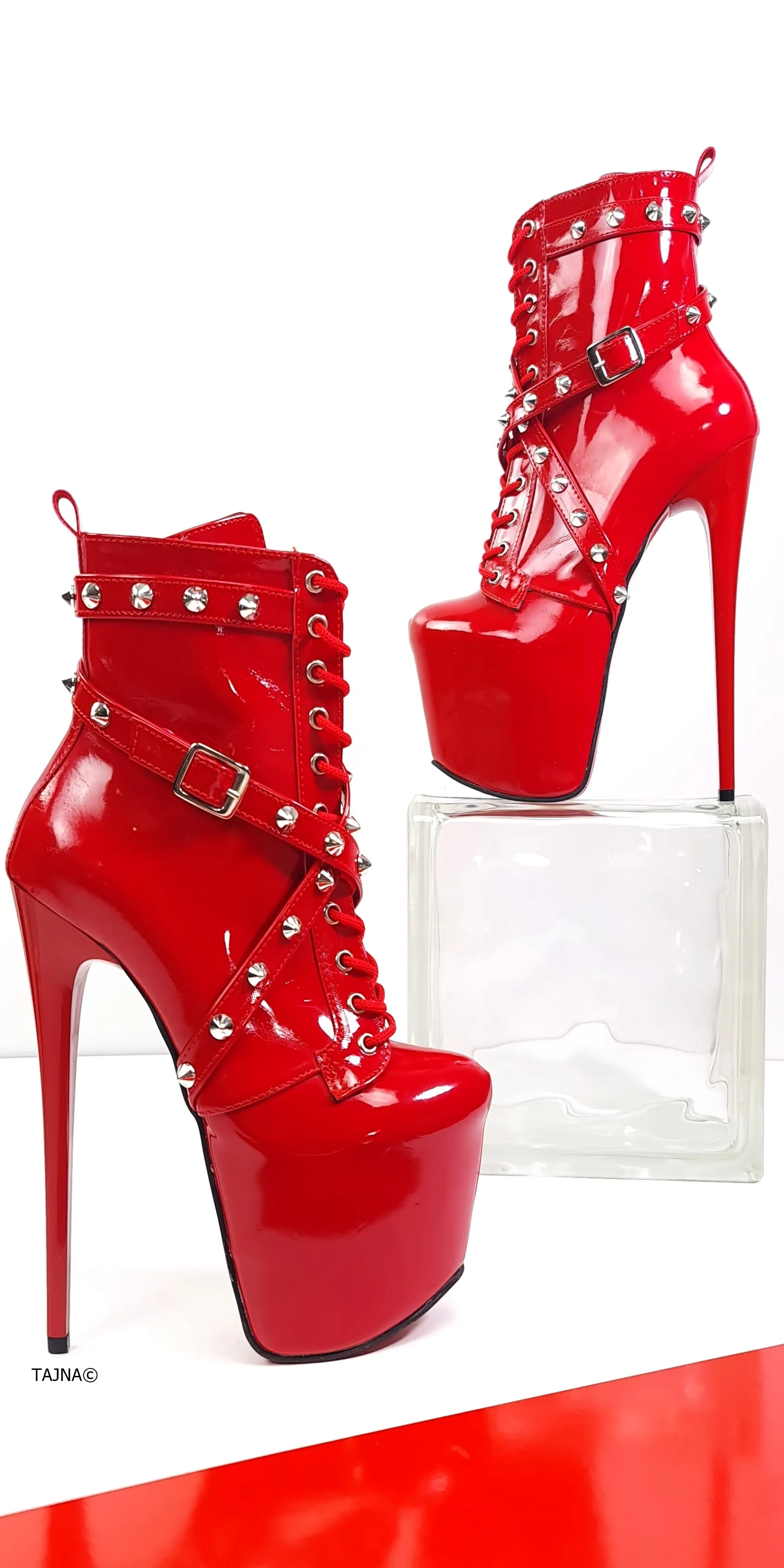 Red Gloss Spike Studs High Heel Rocker Boots