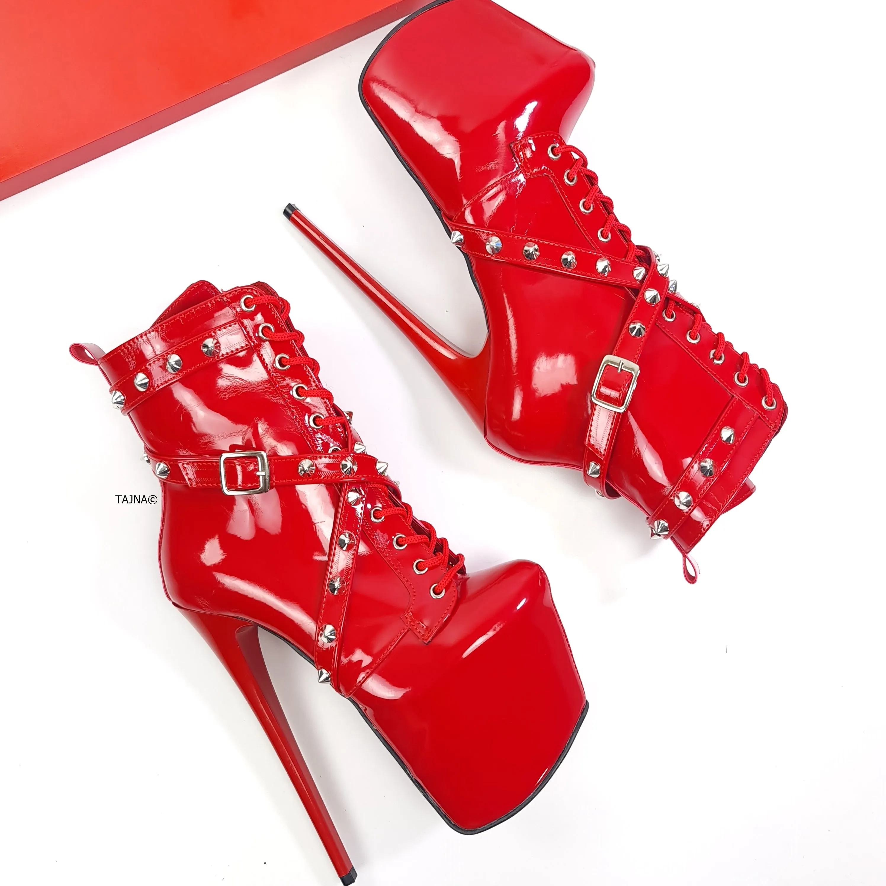 Red Gloss Spike Studs High Heel Rocker Boots