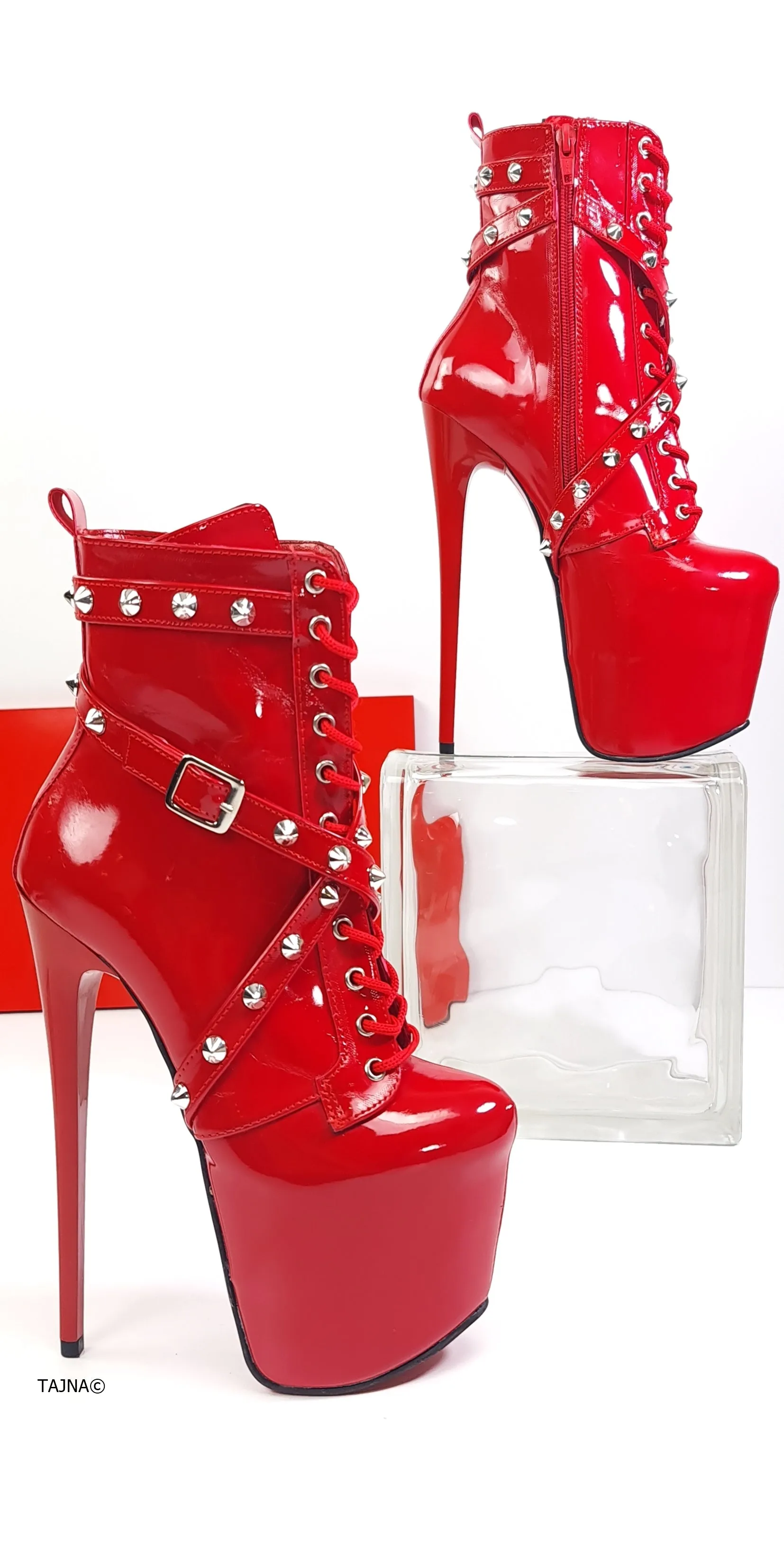 Red Gloss Spike Studs High Heel Rocker Boots