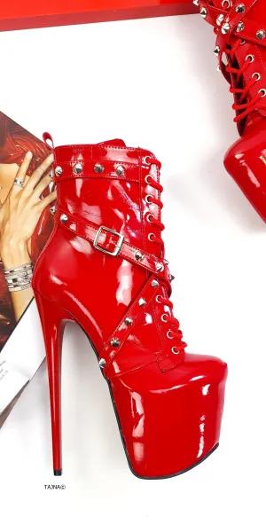 Red Gloss Spike Studs High Heel Rocker Boots