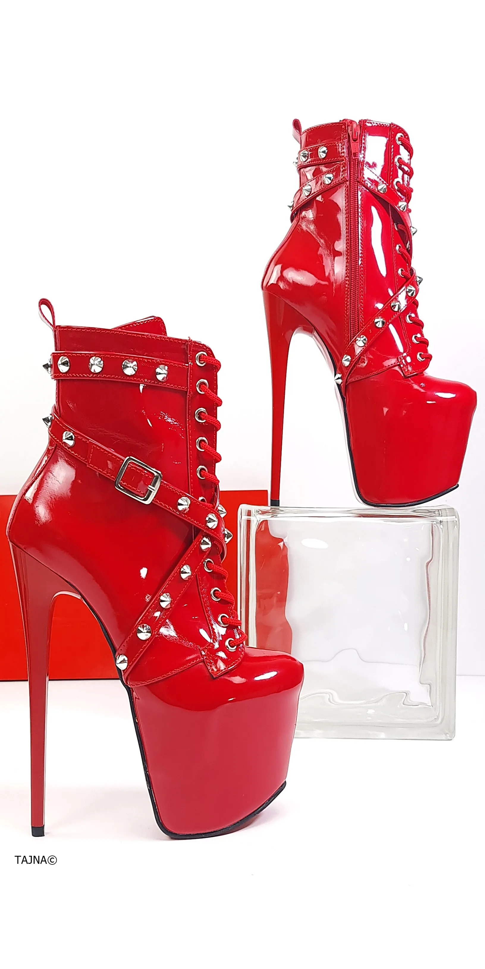 Red Gloss Spike Studs High Heel Rocker Boots