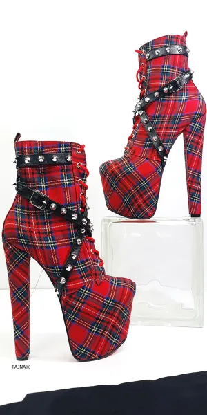 Red Tartan Spike Studs High Heel Rocker Boots