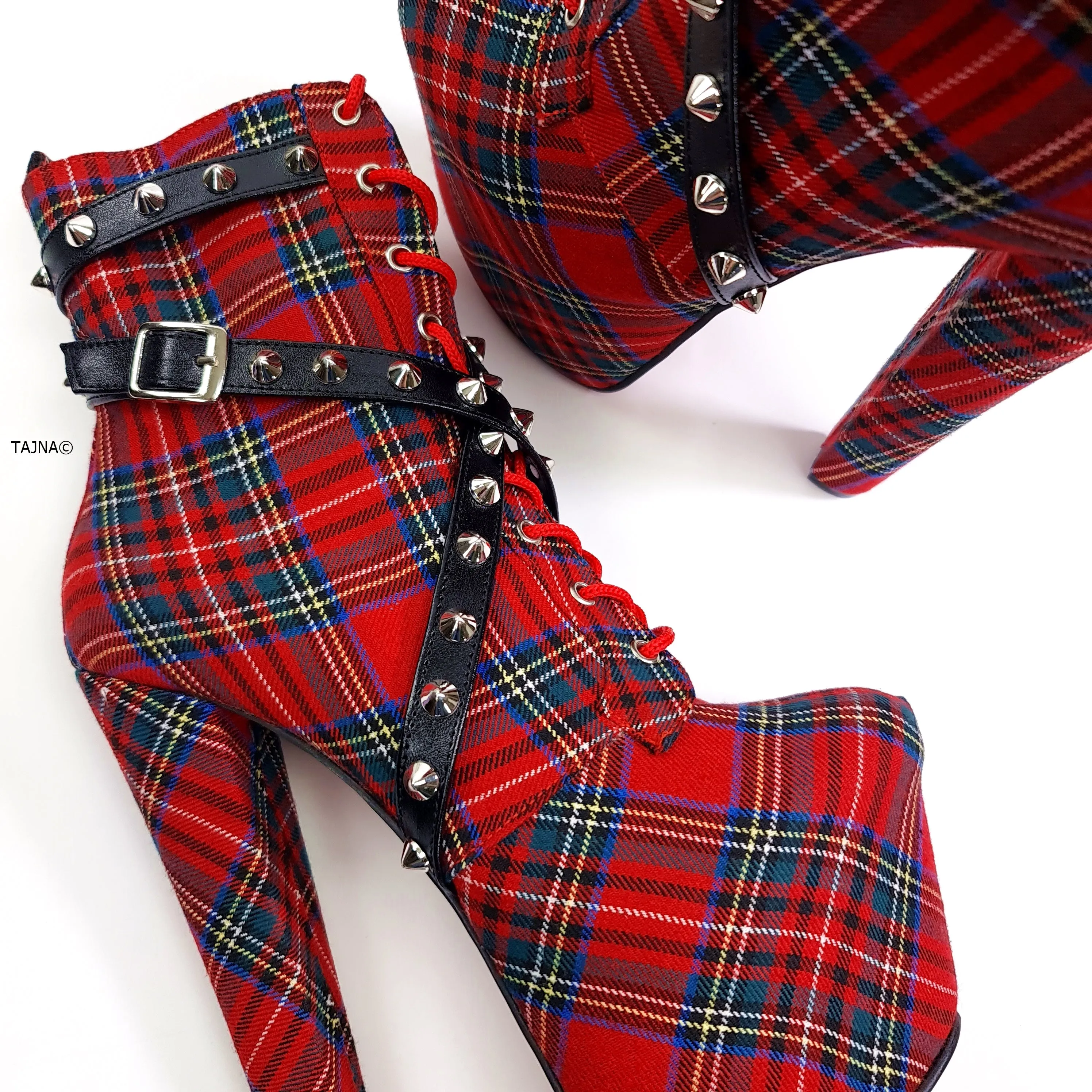 Red Tartan Spike Studs High Heel Rocker Boots