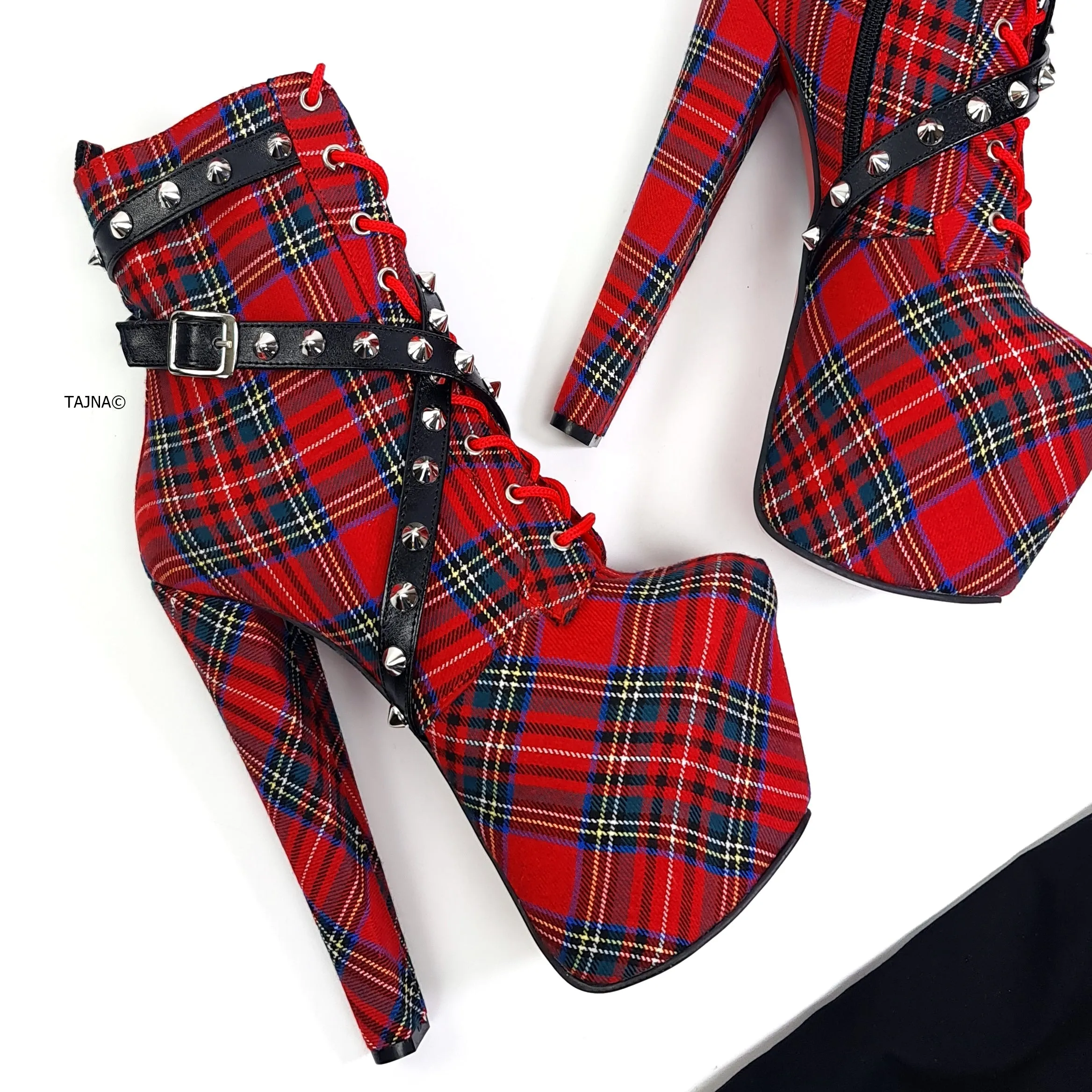 Red Tartan Spike Studs High Heel Rocker Boots
