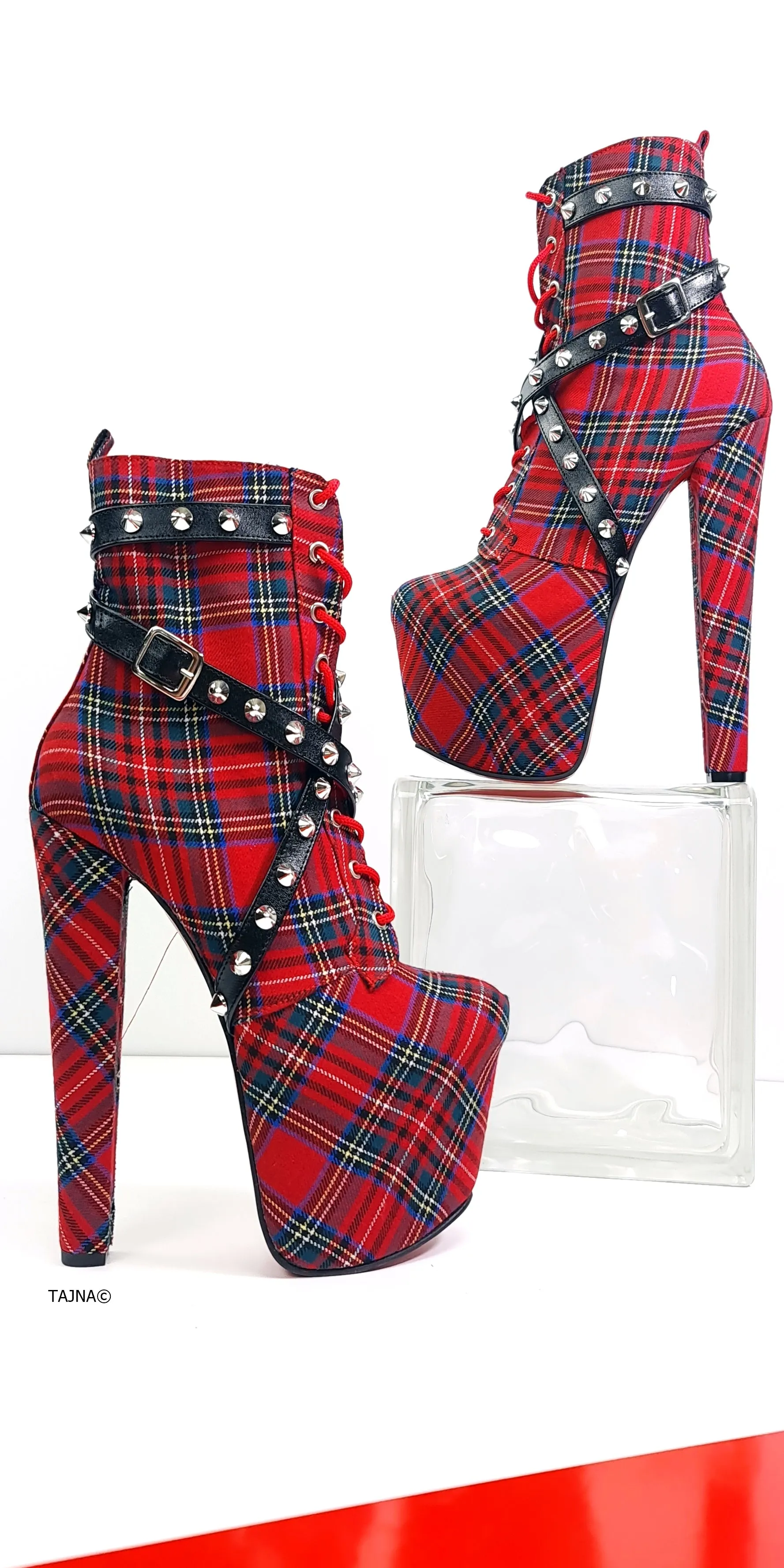 Red Tartan Spike Studs High Heel Rocker Boots