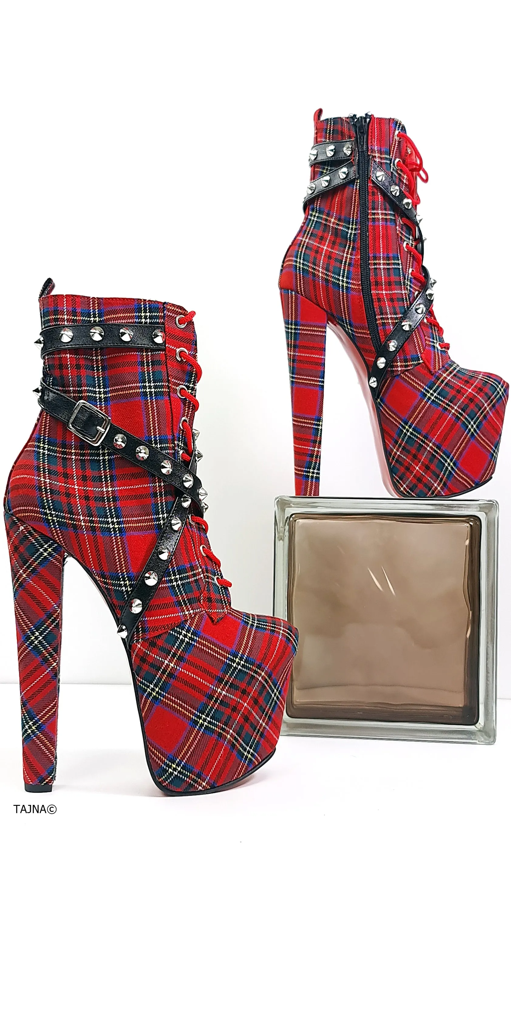 Red Tartan Spike Studs High Heel Rocker Boots