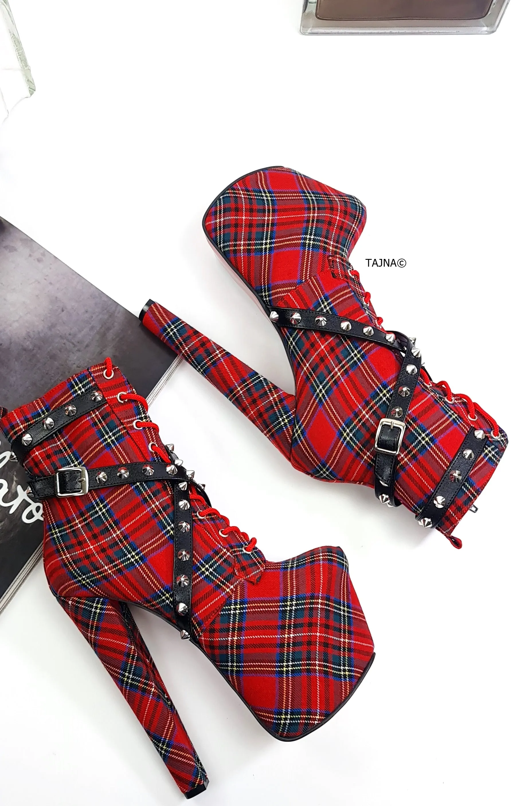 Red Tartan Spike Studs High Heel Rocker Boots