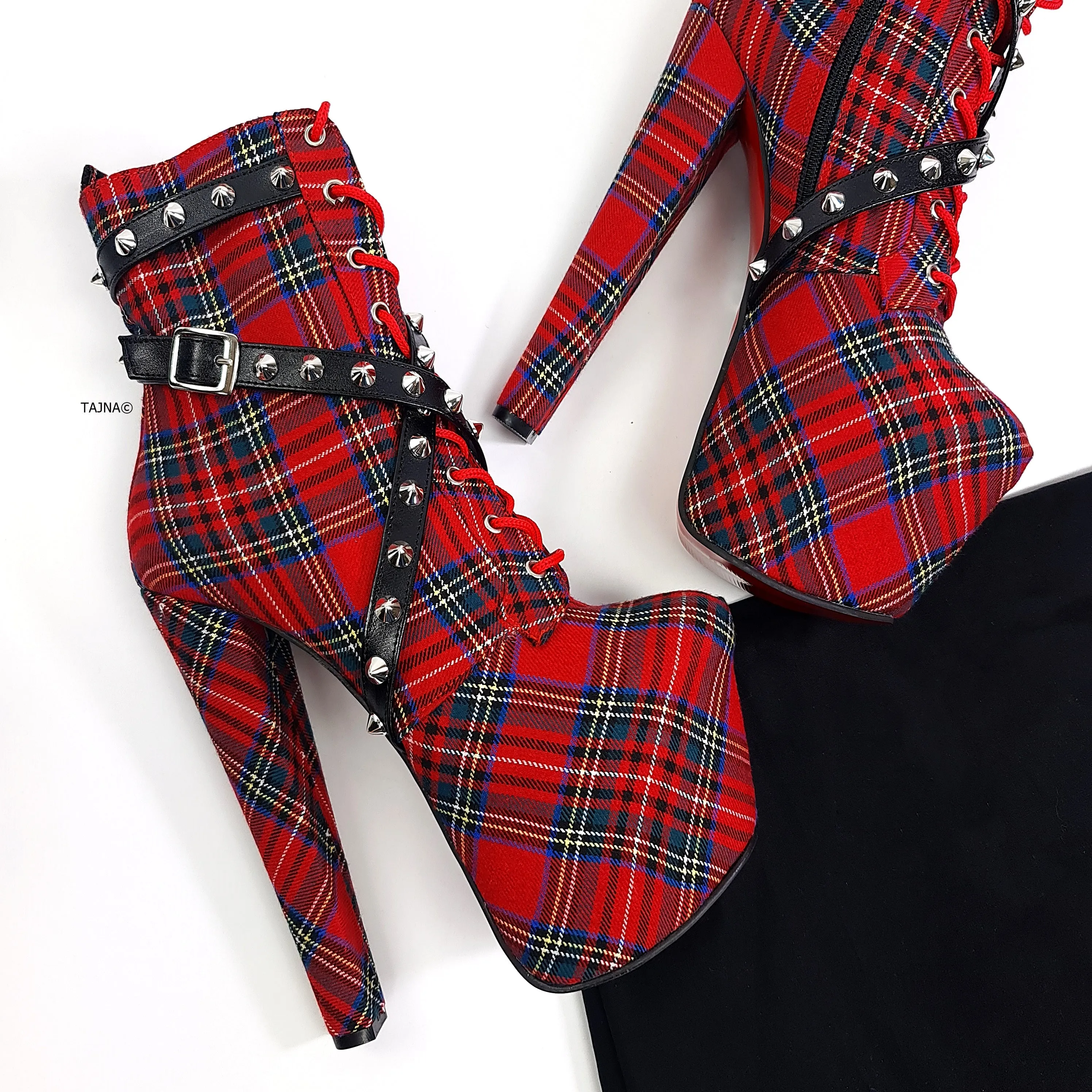 Red Tartan Spike Studs High Heel Rocker Boots