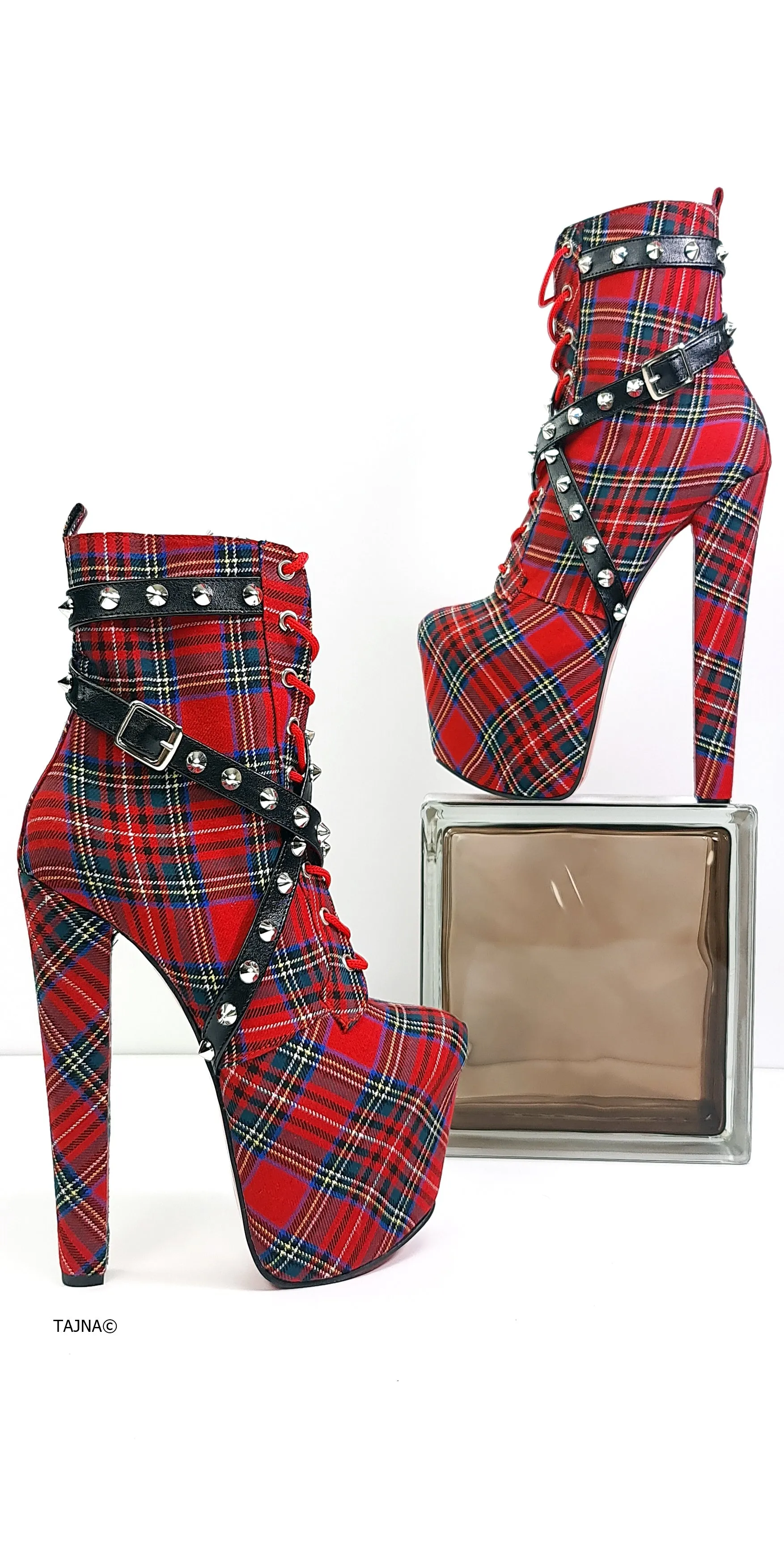 Red Tartan Spike Studs High Heel Rocker Boots
