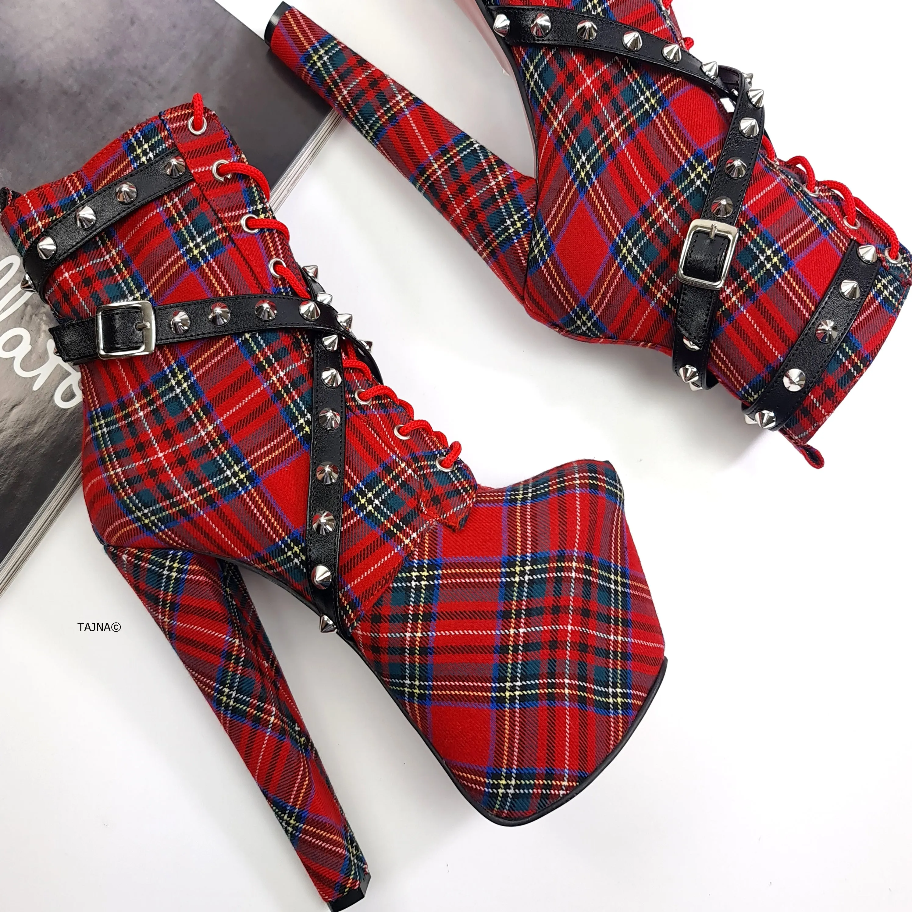 Red Tartan Spike Studs High Heel Rocker Boots
