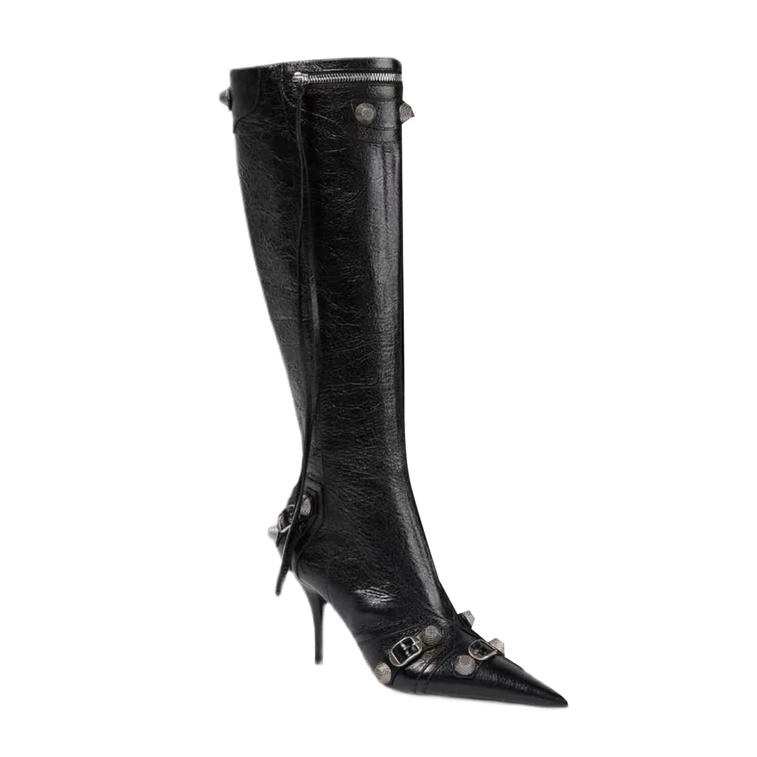 RETHA Studded And Buckled Leather Knee High Boots