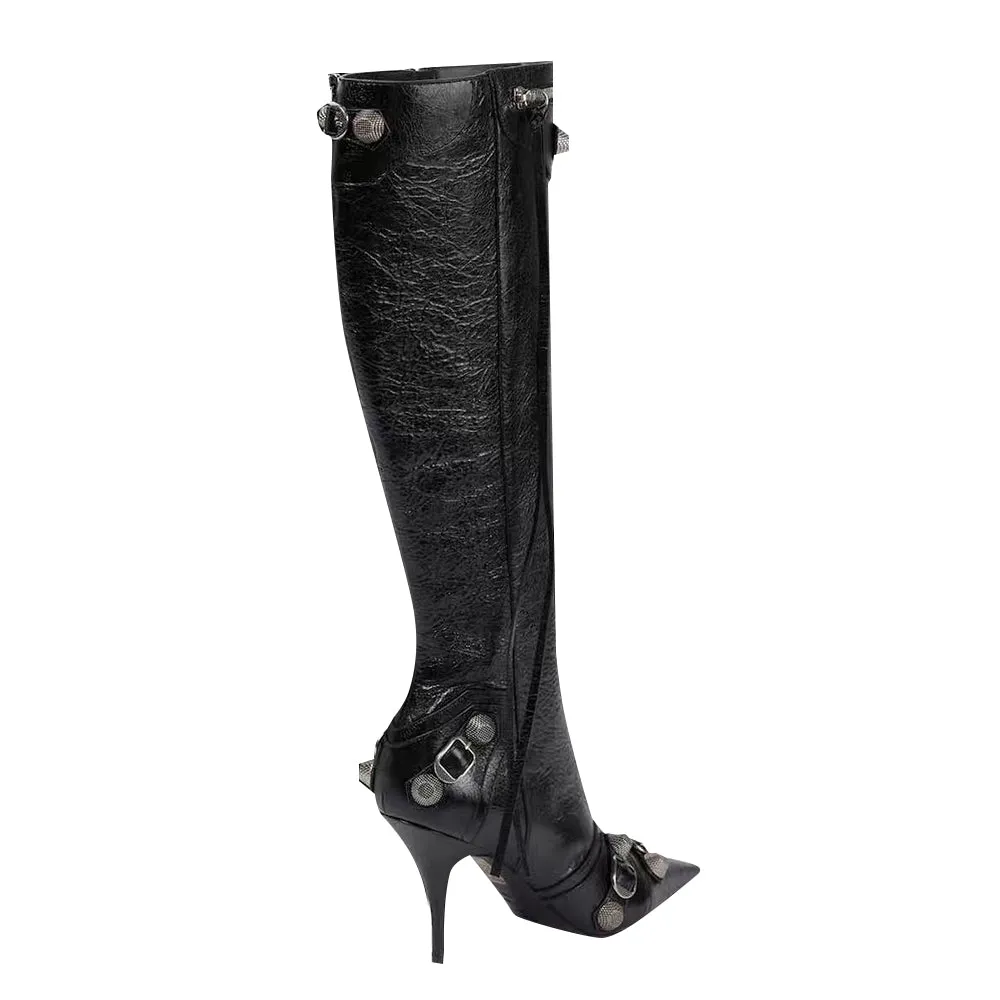 RETHA Studded And Buckled Leather Knee High Boots