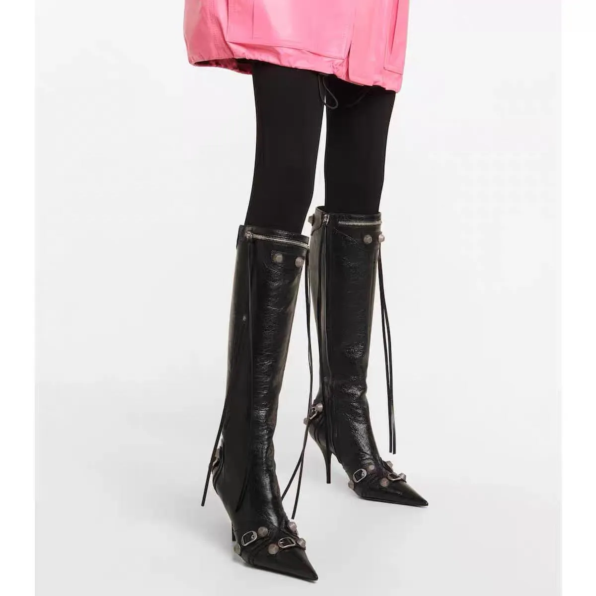 RETHA Studded And Buckled Leather Knee High Boots
