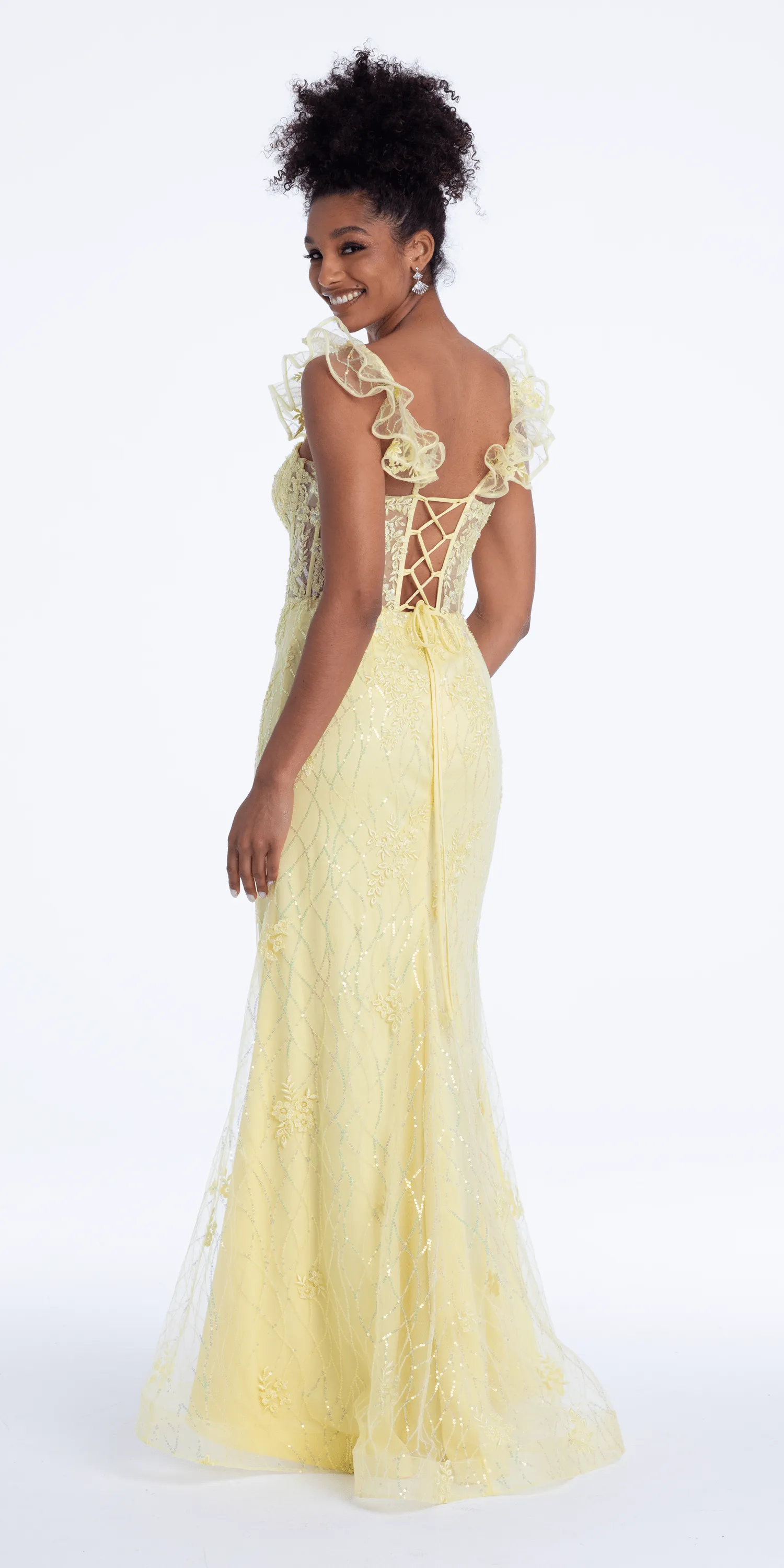 Ruffle Shoulder Corset Column Dress with Sequins