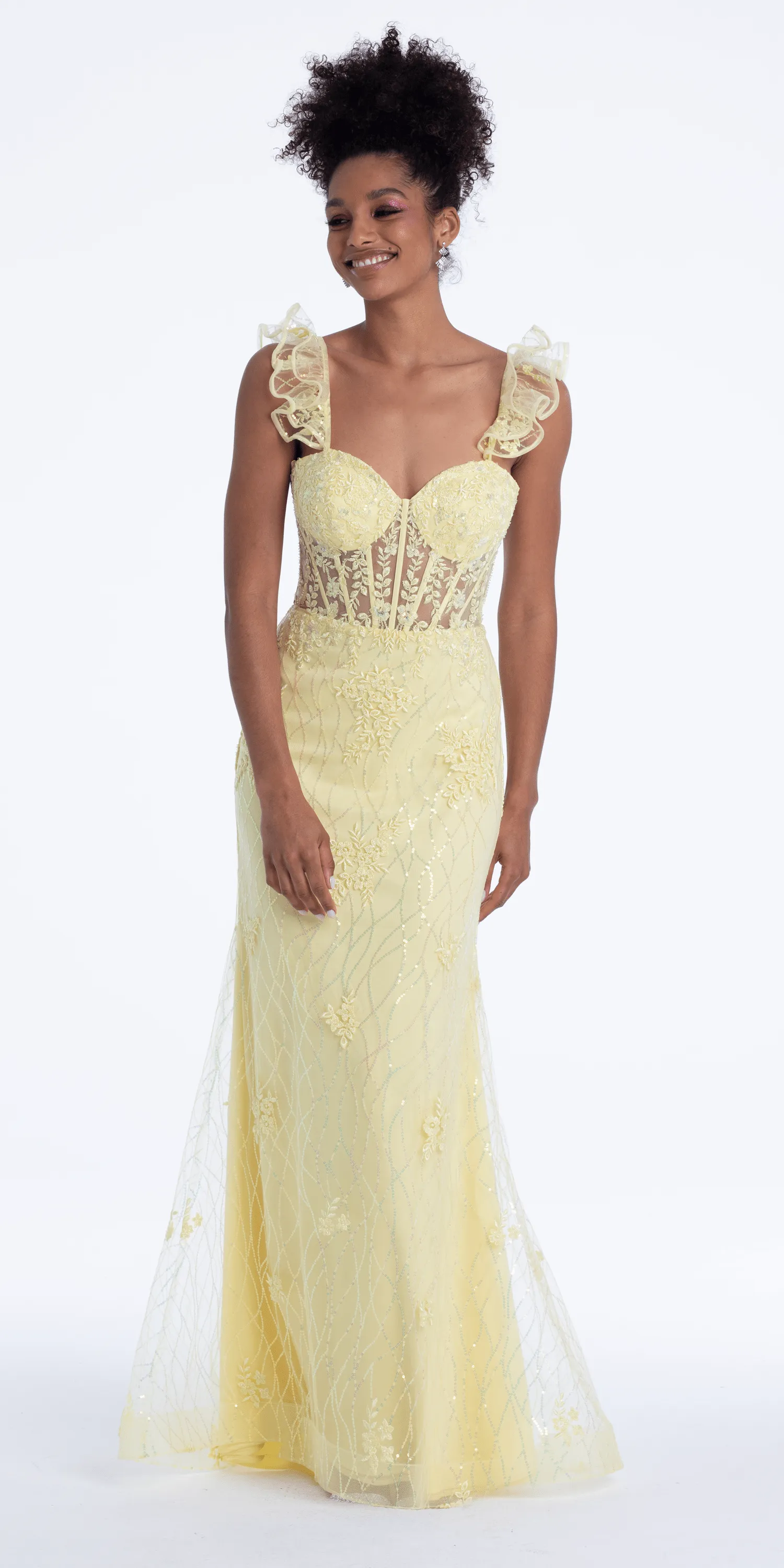 Ruffle Shoulder Corset Column Dress with Sequins