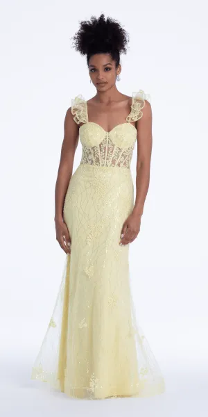Ruffle Shoulder Corset Column Dress with Sequins