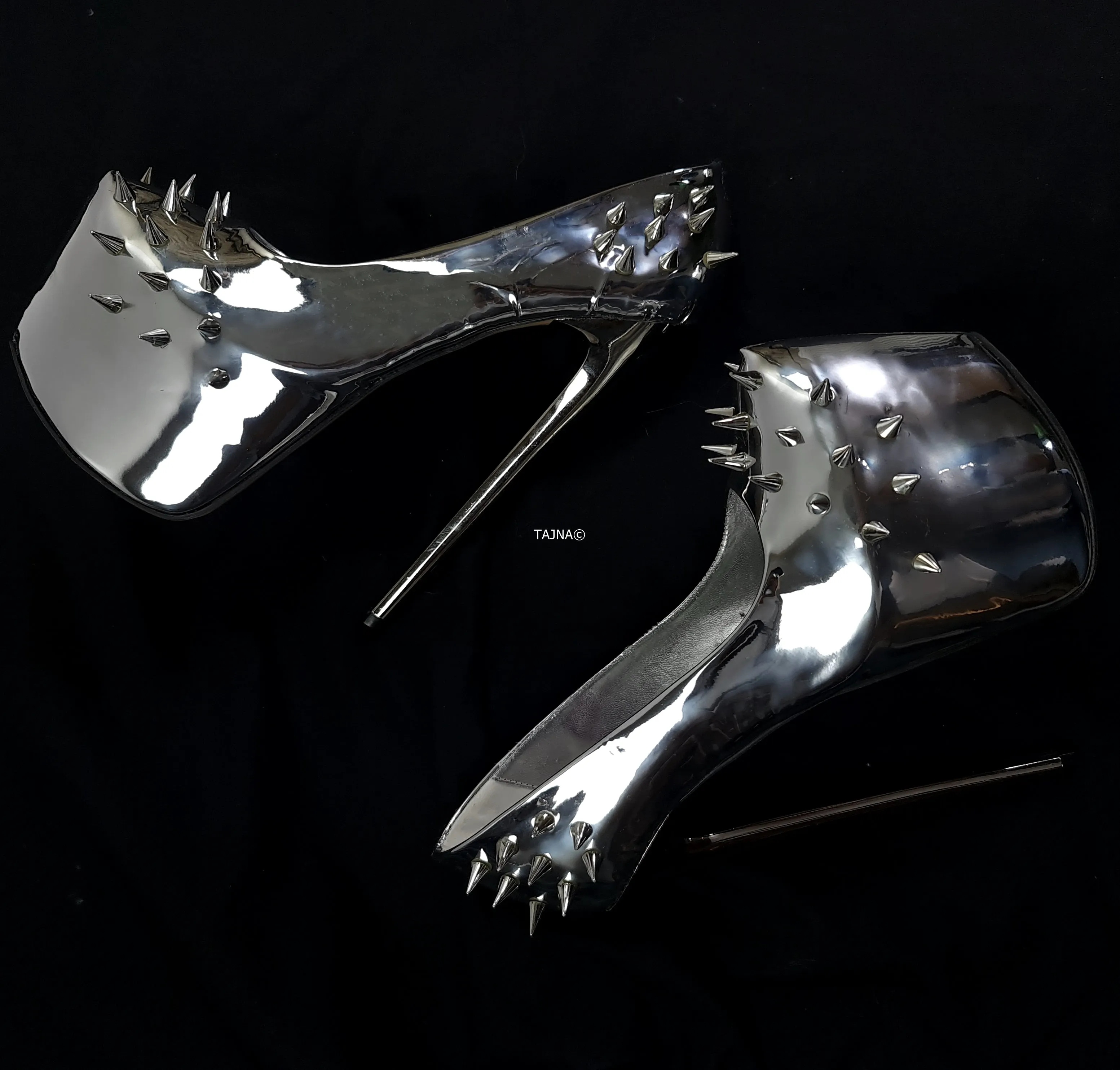 Silver Mirror Spike Studded Fetish Heels