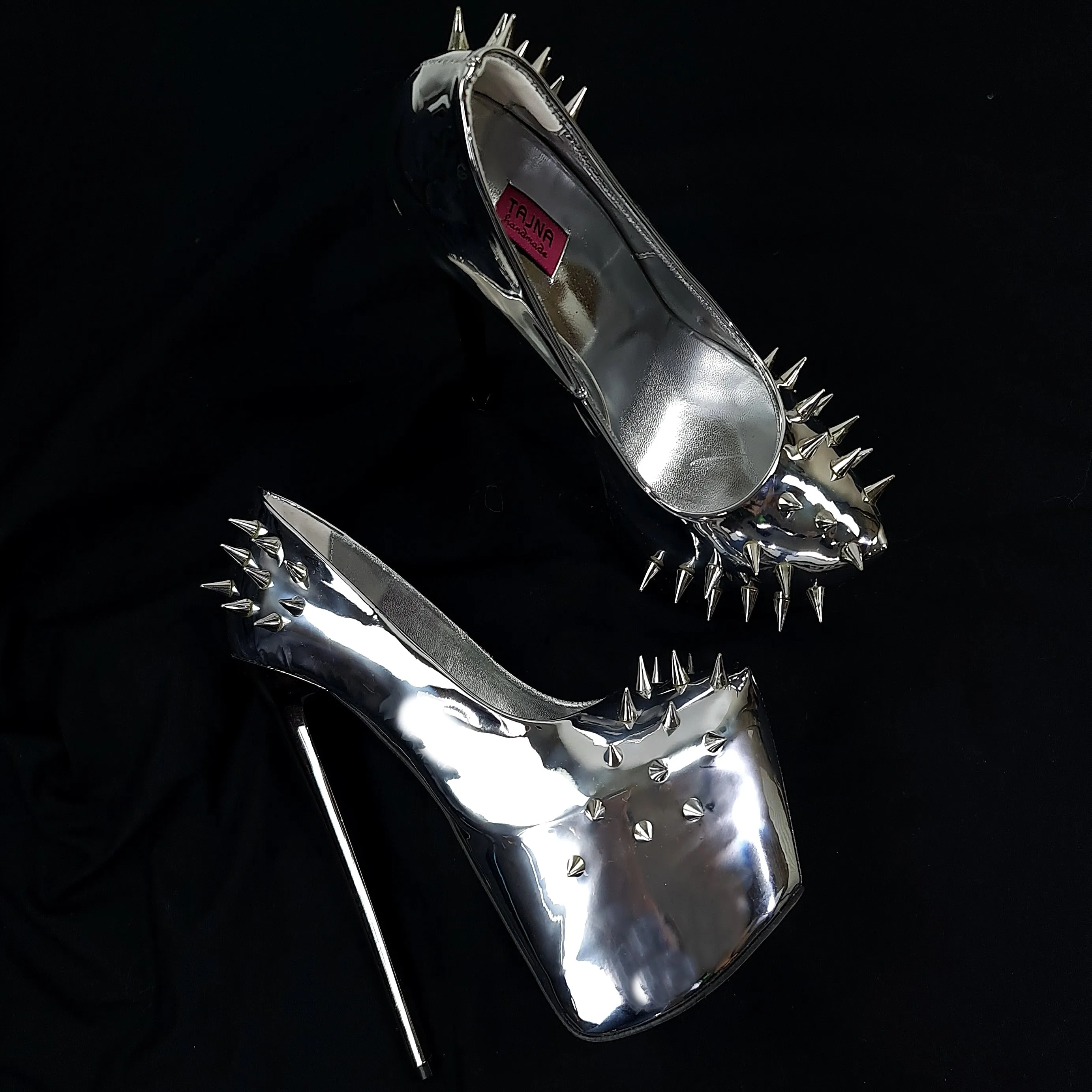 Silver Mirror Spike Studded Fetish Heels