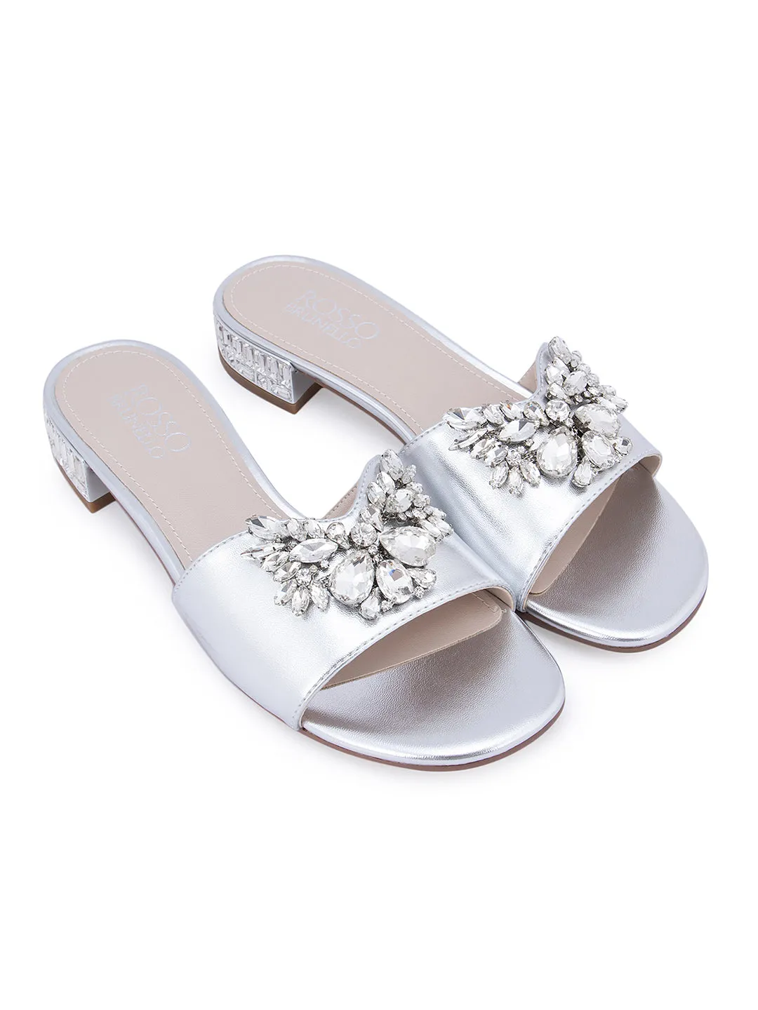 Silver Studded Strap With Low Bock Heels