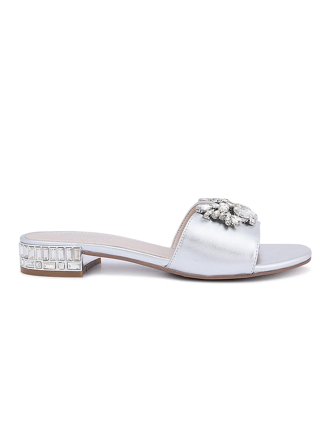 Silver Studded Strap With Low Bock Heels