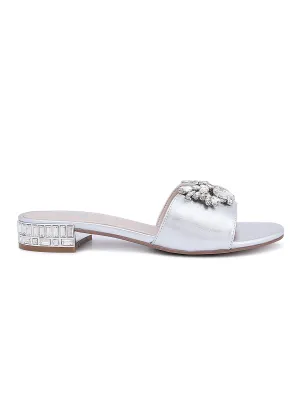 Silver Studded Strap With Low Bock Heels