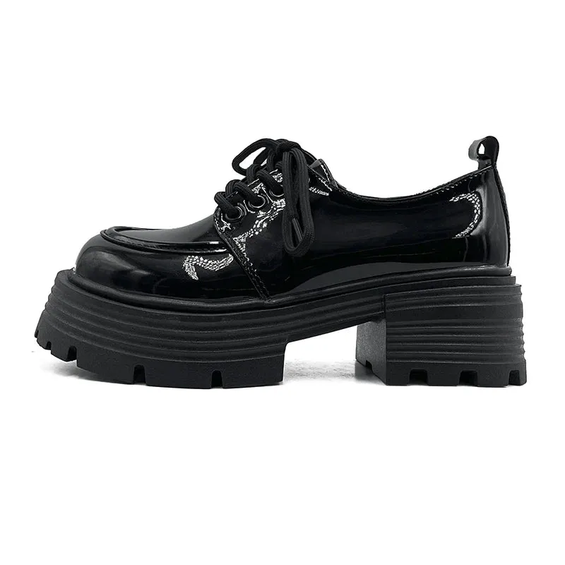 Sohiwoo Black Pu Leather Oxford Shoes for Women Spring Thick Heels Chunky Platform Pumps Woman Lace Up Japanese Style Uniform Shoes