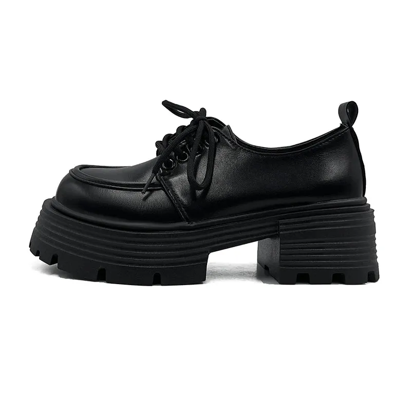 Sohiwoo Black Pu Leather Oxford Shoes for Women Spring Thick Heels Chunky Platform Pumps Woman Lace Up Japanese Style Uniform Shoes