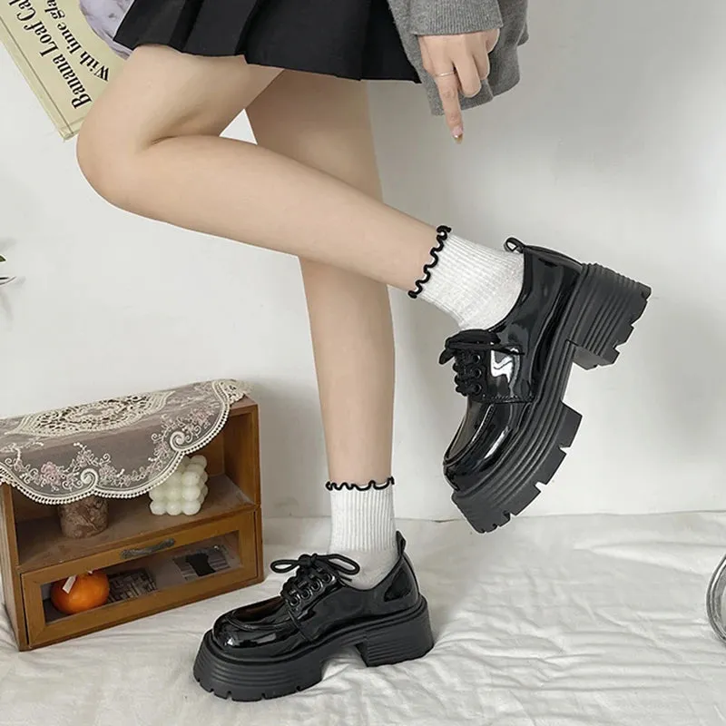 Sohiwoo Black Pu Leather Oxford Shoes for Women Spring Thick Heels Chunky Platform Pumps Woman Lace Up Japanese Style Uniform Shoes
