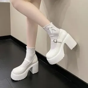 Sohiwoo Fashion White Platform Pumps for Women Super High Heels Buckle Strap Mary Jane Shoes Woman Goth Thick Hty Shoes eeled ParLadies
