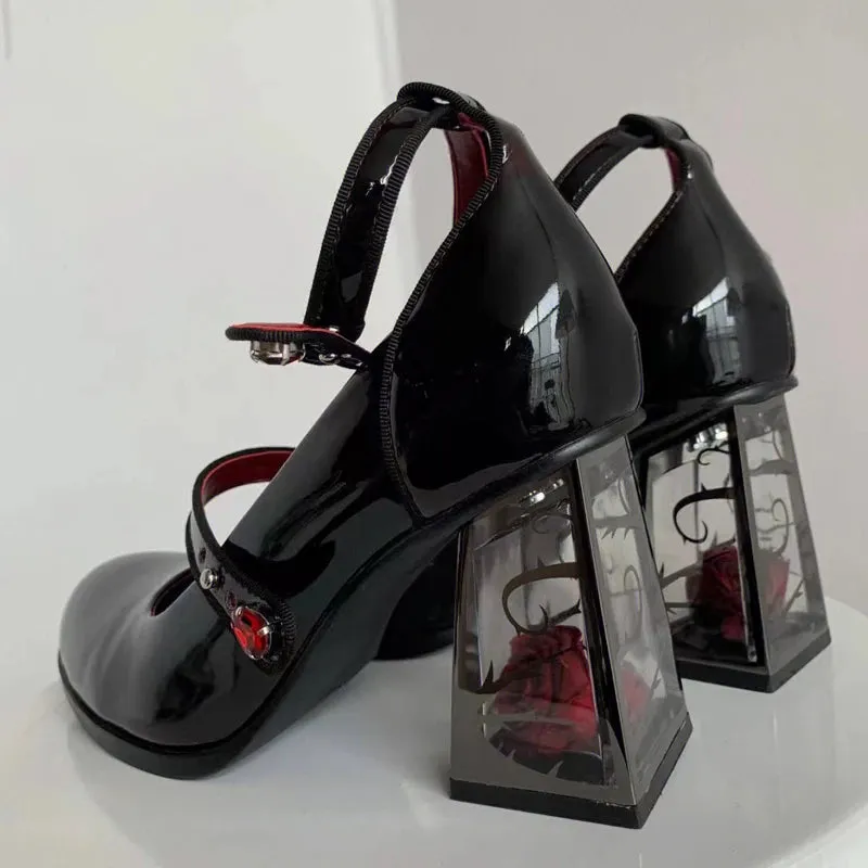 Sohiwoo Punk Gothic High Heels Pumps Women 2024 New Rose Heeled Patent Leather Lolita Shoes Woman Y2K Ankle Straps Black Mary Jane Shoes