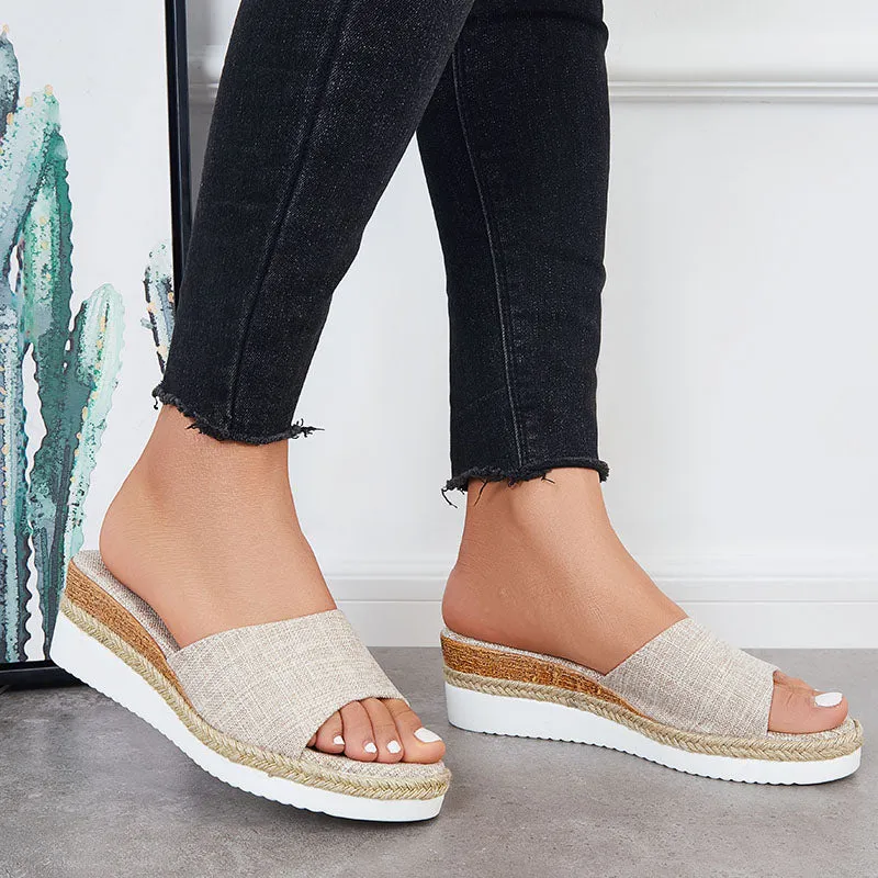Sohiwoo Women Open Toe Platform Espadrille Sandals Slip on Cork Wedges Slides