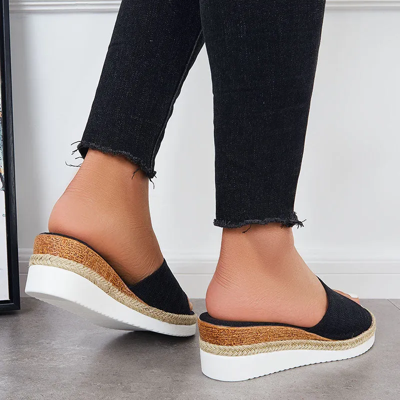 Sohiwoo Women Open Toe Platform Espadrille Sandals Slip on Cork Wedges Slides