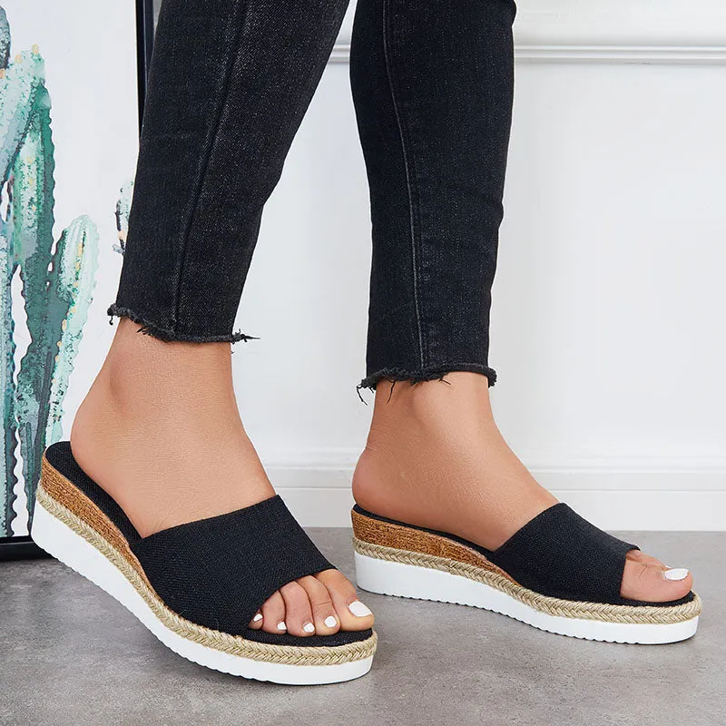 Sohiwoo Women Open Toe Platform Espadrille Sandals Slip on Cork Wedges Slides
