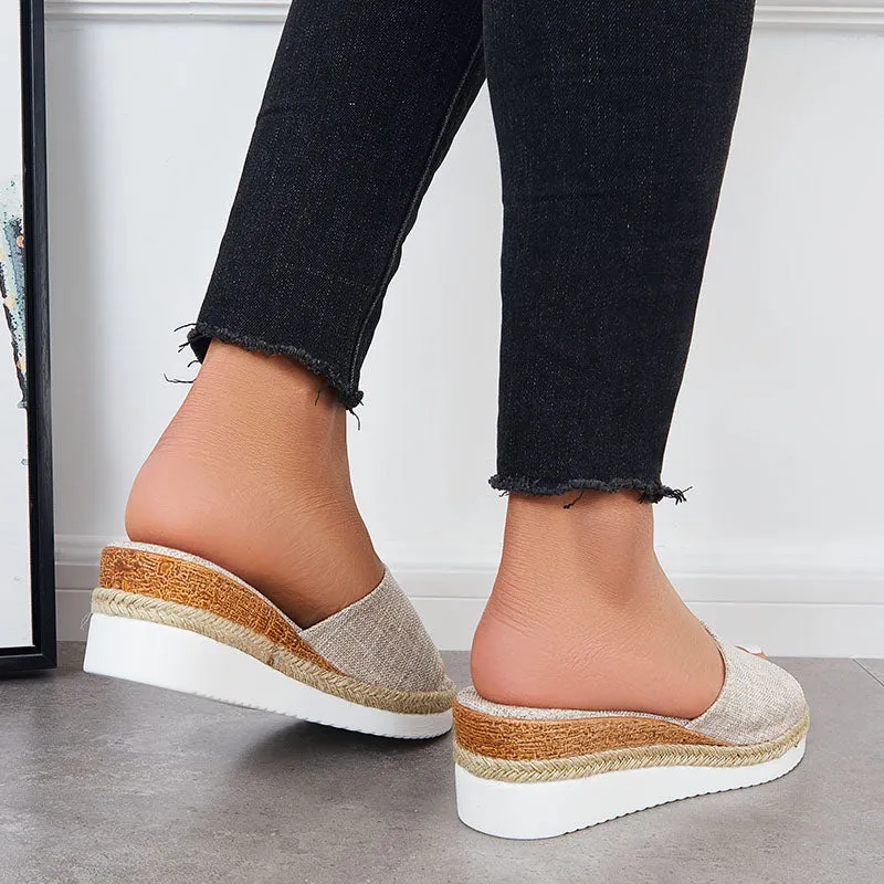 Sohiwoo Women Open Toe Platform Espadrille Sandals Slip on Cork Wedges Slides