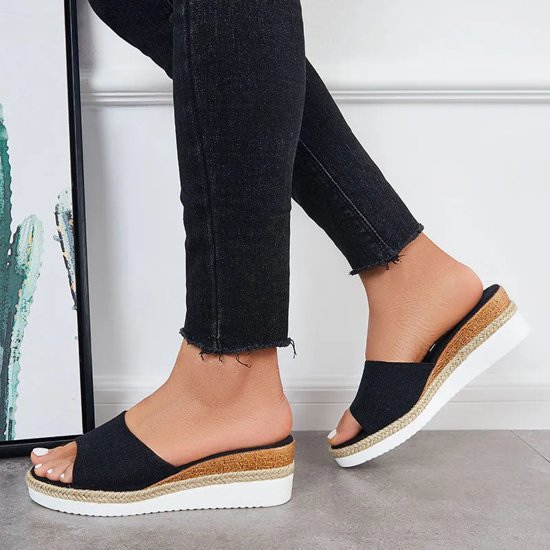 Sohiwoo Women Open Toe Platform Espadrille Sandals Slip on Cork Wedges Slides