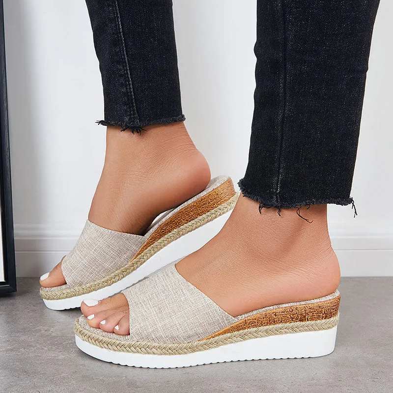 Sohiwoo Women Open Toe Platform Espadrille Sandals Slip on Cork Wedges Slides