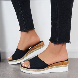 Sohiwoo Women Open Toe Platform Espadrille Sandals Slip on Cork Wedges Slides