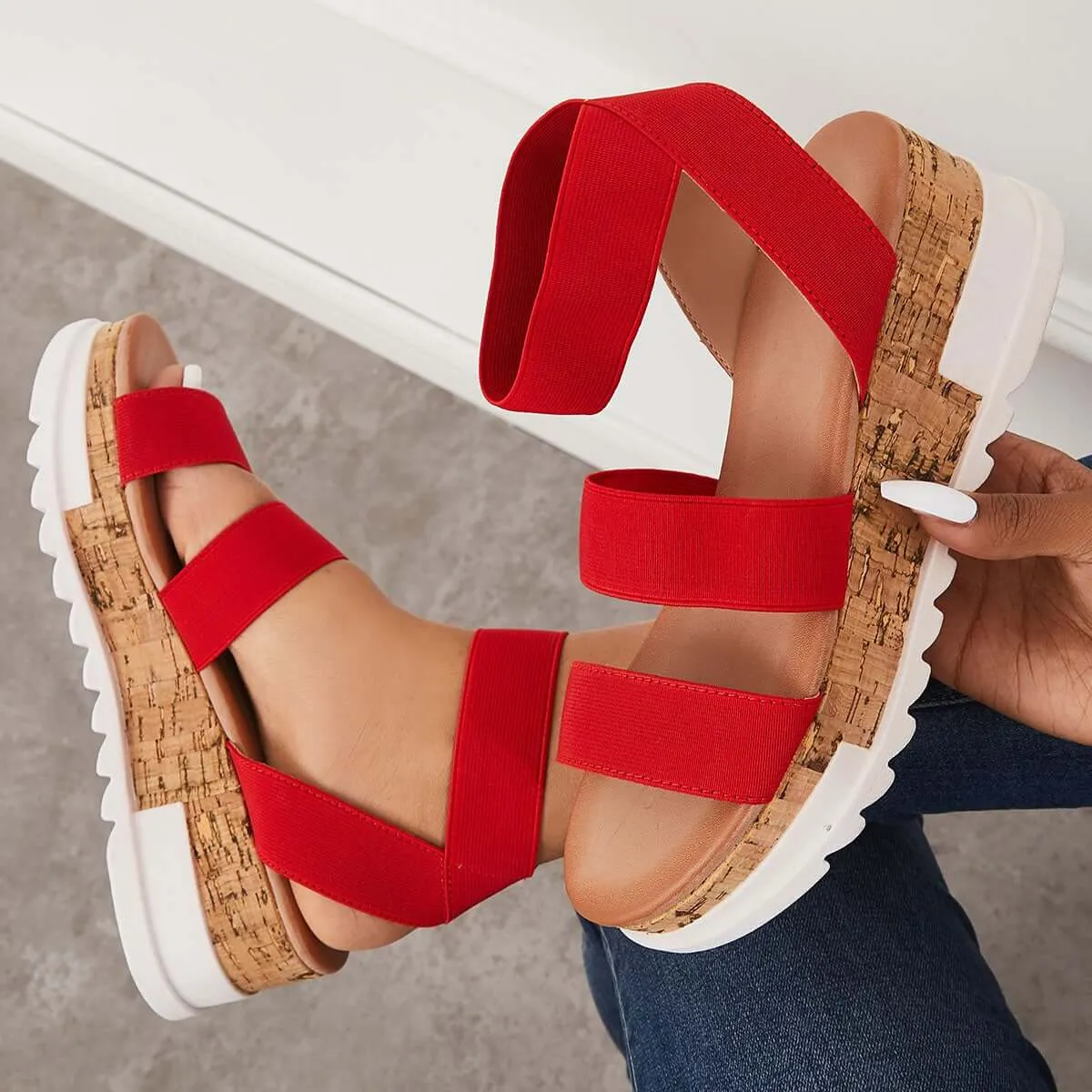Sohiwoo  Women's Open Toe Cork Platform Wedges Slip on Elastic Strap Sandals Imilybela