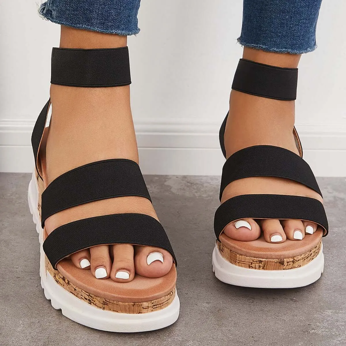 Sohiwoo  Women's Open Toe Cork Platform Wedges Slip on Elastic Strap Sandals Imilybela