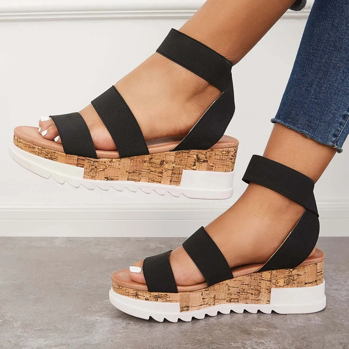 Sohiwoo  Women's Open Toe Cork Platform Wedges Slip on Elastic Strap Sandals Imilybela