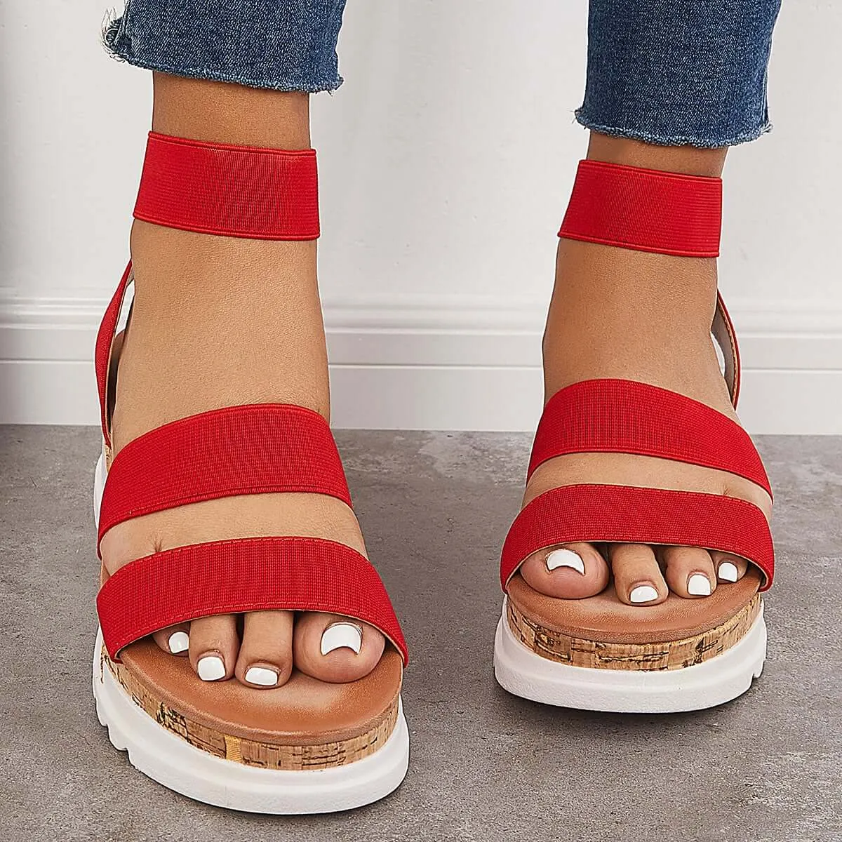 Sohiwoo  Women's Open Toe Cork Platform Wedges Slip on Elastic Strap Sandals Imilybela